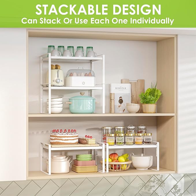 2 Pack Kitchen Countertop Organizer, Stackable Cabinet Shelf Organizer, 2 Tier Adjustable Kitchen Counter Shelves Riser For Pantry Cupboard Bathroom Organization And Storage, Desk Shelf,Spice Rack-Ruum Studio Home