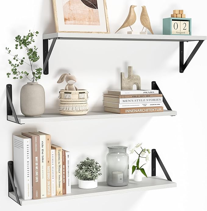 Heimlove Floating Shelves for Wall, 24 Inch Long Wood Floating Shelves Set of 3, Wall Mounted Hanging Shelf for Bathroom Bedroom Kitchen, White-Ruum Studio Home