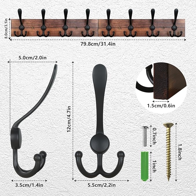 IBosins Wall Mounted Coat Rack, 31-2/5'' Long, Entryway Hanging Rack, Metal Wood Coat Hooks Rack with 8 Black Rustic Tri-Hooks Rail for Coat, Bag, Towel, Key, Hat, Umbrella-Ruum Studio Home