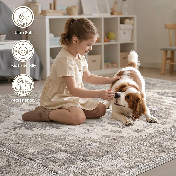 Washable Area Rugs for Living Room - 10x14 Neutral Vintage Distressed Floral Farmhouse Boho Large Soft Floor Rug Indoor Non Slip Carpet for Living Room Bedroom Dining Room Office-Brown/Beige-Ruum Studio Home