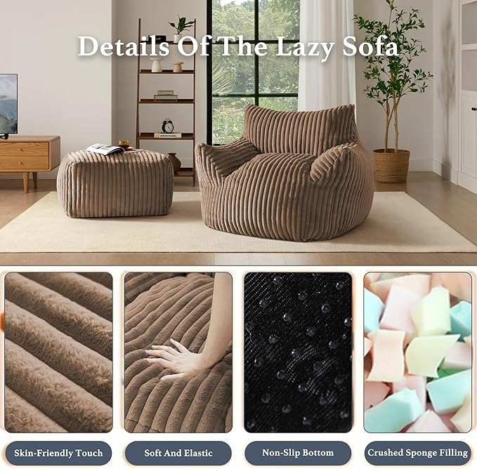 Oversized Bean Bag Chaise Lounge Chair Indoor for Adults with Armrests & Ottoman - Giant Comfy Khaki Beanbag Floor Sofa Cloud Accent Chair for Reading, Gaming, Cozy Plush Cloud Mini Couch-Ruum Studio Home