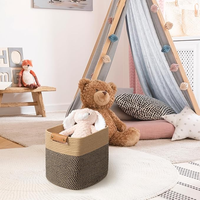 danpinera 3-Pack Cotton Rope Baskets for Storage, 11"x11" Cube Storage Cubes Store Toys, Towel, Snack, Storage Bins with Reinforced Stitching & Practical Handles, Black & Brown-Ruum Studio Home
