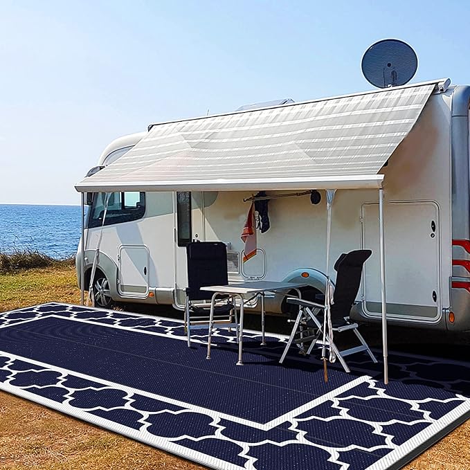 GENIMO 10 ' x 20 ' Outdoor Rug Waterproof for Patio Decor, Foldable Reversible Plastic Straw Area Rugs Mat for Camper, Outside Carpet for Rv, Deck, Porch, Picnic, Beach, Balcony, Blue & White-Ruum Studio Home