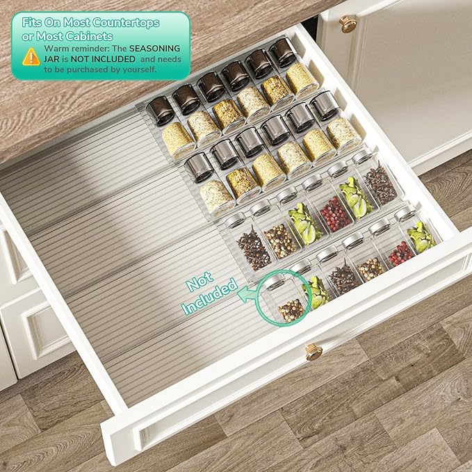 AMBIRD Spice Drawer Organizer, 4 Tier-2 Set Clear Spice Rack Tray Expandable From 11'' to 22'', Seasoning Organizer with non-slip tape for Kitchen, Cabinet, Drawers, Countertop(JARS NOT INCLUDED)-Ruum Studio Home