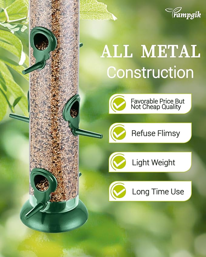 Bird Feeders for Outdoors Hanging,Finch Feeders for Outside,Chew-Proof Hanging Bird Feeder,Rust-Proof Birdfeeder,Squirrel Proof 6 Ports Metal Bird Feeder,14 Inch,1 Pack,Green-Ruum Studio Home