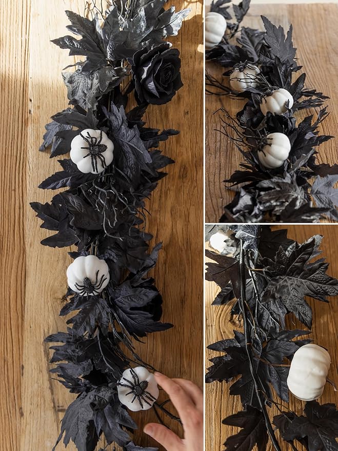 MISSPIN 6FT Black Maples Leaf Garland, Halloween Fall Leaf Garland Artificial Hanging Black Maple Autumn Vine Fall Decor Maple Thanksgiving Halloween Home Decor-Ruum Studio Home