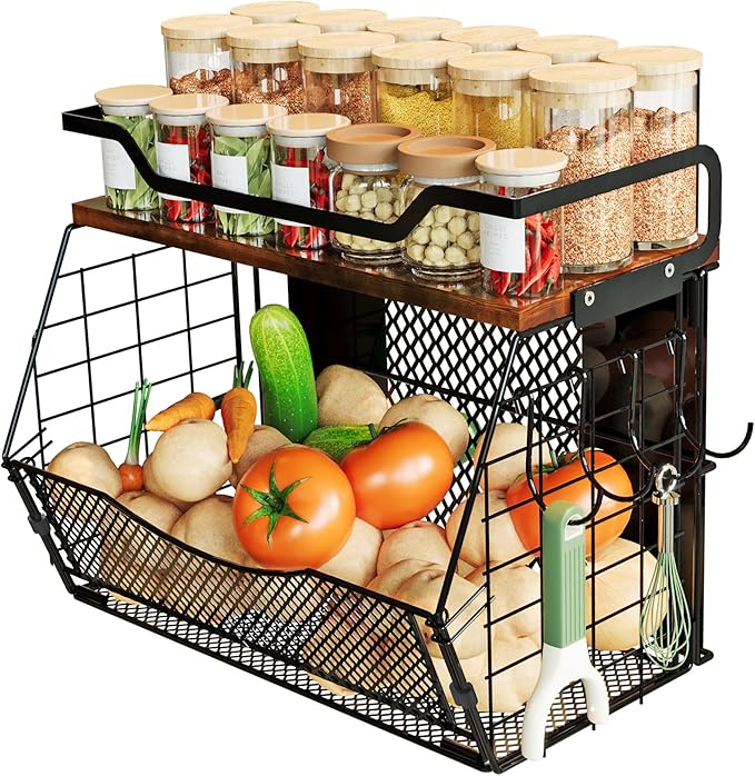 Magnetic Shelf for Fridge with Wood Lid, Magnetic Spice Rack for Refrigerator Large Capacity Sturdy with 4 Hooks,Magnetic Basket for Kitchen Pantry Laundry (1 Set with Buckles)-Ruum Studio Home