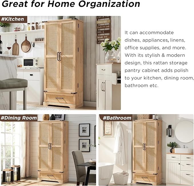 72" Tall Rattan Kitchen Pantry Cabinet with Drawer, Boho Storage Cabinet with 2 Rattan Doors and Shelves, Versatile Large Cabinet for Dining Room, Bathroom, Living Room, Laudry, Natural Oak-Ruum Studio Home