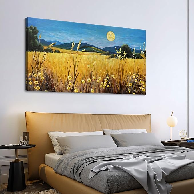 AJAZIKO Landscape Wall Art Moon Framed Canvas Wall Art Large Yellow Living Room Wall Decor Fall Paintings for Bedroom Nature Office Artwork 24×48IN-Ruum Studio Home