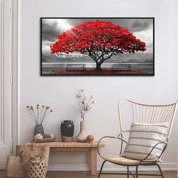 AJAZIKO Red Wall Art - Modern Framed Wall Art for Living Room - Red Tree Black and White Landscape Canvas Prints Posters & Prints for Home Office Bedroom Decorations - Large Wall Pictures 24×48IN-Ruum Studio Home