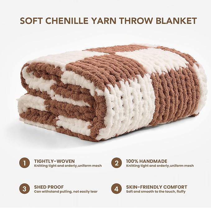 L'AGRATY Chunky Knit Blanket Throw: 50''x60'' Chenille Chunky Knitted Throw Blankets for Bed Couch - Handmade Thick Cable Knit Blanket - Large Crochet Rope Blankets for Home Decor(Brown Checkered)-Ruum Studio Home