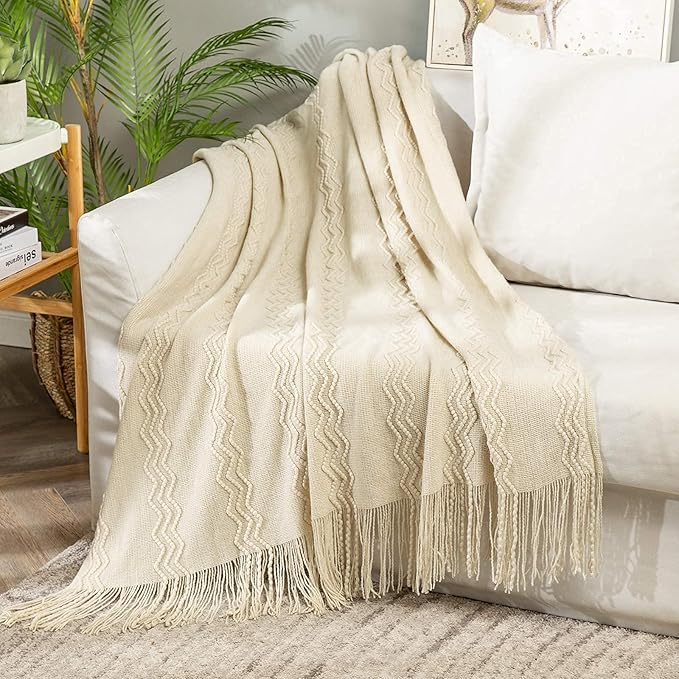 MIULEE Knitted Beige Throw Blanket Soft Sofa Knit Blanket for Couch 50 x 60 Inches, Solid Cozy Lightweight Wave Pattern Decorative Blankets with Tassels for Women, Kids and Babys-Ruum Studio Home
