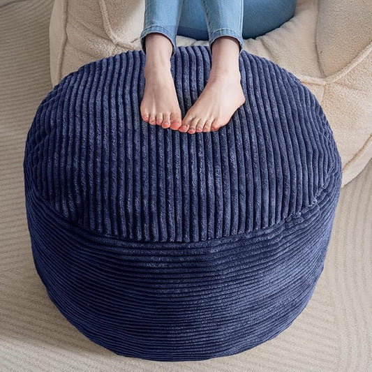 HIGOGOGO Round Stuffed Pouf Ottoman, Corduroy Poufs with Foam Chunk Filling, Furry and Fluffy Pouf Foot Stool Storage Ottoman, 26 X 18 Floor Poufs Foot Rest for Living Room, Navy-Ruum Studio Home