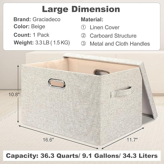 Large 17 36 Quart Collapsible Stackable Storage Bins with Lids, 1 Pack Beige Foldable Fabric Closet Storage Boxes with Lids, 4 Handles Toy Heavyduty Dark Gray Linen Storage Cube Box-Ruum Studio Home