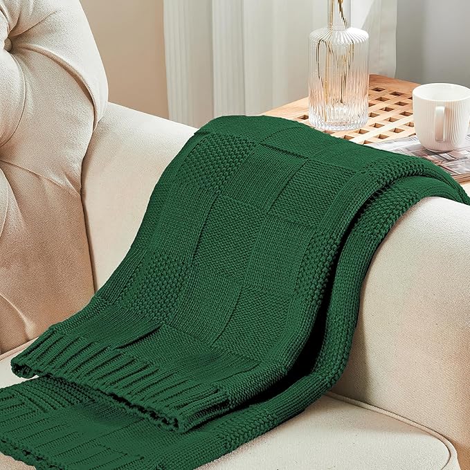 CozeCube Knit Throw Blanket, Green Checkered Throw for Couch, Soft Cozy Warm Knitted Blanket for Bed Sofa Living Room, 60"X80", Forest Green-Ruum Studio Home