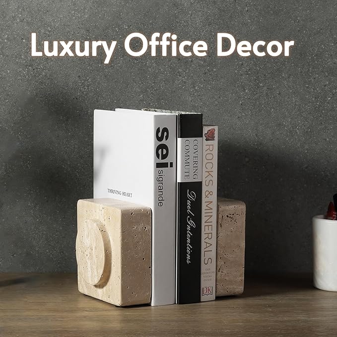 Koville Marble Square Book Ends, Heavy Duty Book Holders, Bookends for Shelves, Office Bookshelf Decor for CDs/Video Games(Travertino Romano)-Ruum Studio Home