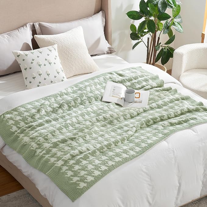 Snuggle Sac Houndstooth Throw Blanket for Couch, Reversible Super Soft Warm Blankets Cozy Knit Fuzzy Plush Lightweight Throws for Sofa, Bed, Camping, Green,50x60 inches-Ruum Studio Home