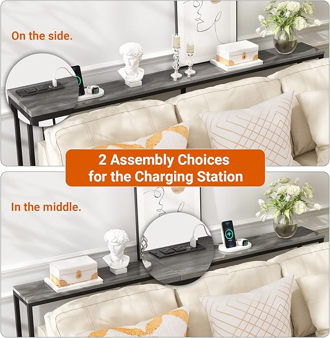 SUPERJARE 70 Inch Console Table with Outlet, Sofa Table with Charging Station, Narrow Entryway Hallway Table, Behind Couch Table, for Living Room, Charcoal Gray-Ruum Studio Home