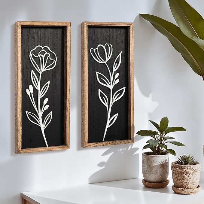 3D Vintage Black Living Room Decor (Set of 2) Lightweight, Wooden Ready-to-Hang Framed Moody Floral Wall Art for Bathroom, Bedroom or Office - Dark Textured Boho Farmhouse Wall Decor - Gift-Boxed-Ruum Studio Home