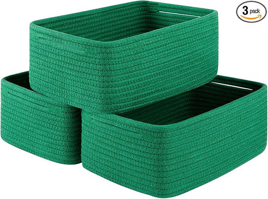 3 Pack Small Storage Baskets for Organizing, Cute Woven Decorative Gift Baskets for Shelves, Mini Closet Organizer Bins with Handles, 11.81''Lx7.87''Wx4.72''H-Green-Ruum Studio Home