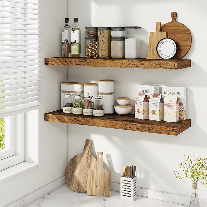 Fun Memories Floating Shelves for Wall, 32 Inch Rustic Wood Wall Mounted Shelves for Bathroom, Bedroom, Kitchen, Living Room, Deep Floating Shelves for Storage & Home Decor (Brown,Set of 2)-Ruum Studio Home