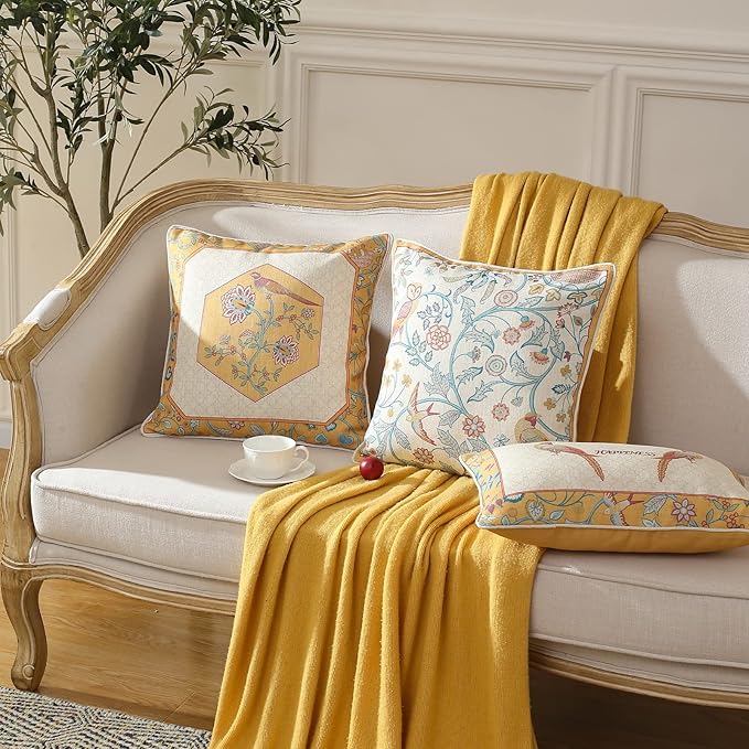patdrea Design Yellow Linen Throw Pillow Covers Pack of 4, French Square Lumbar Round Pillowcase, Soft Durable Cushion Cases Pillowcase for Couch Bedroom Car Living Room 4 PCS-Ruum Studio Home