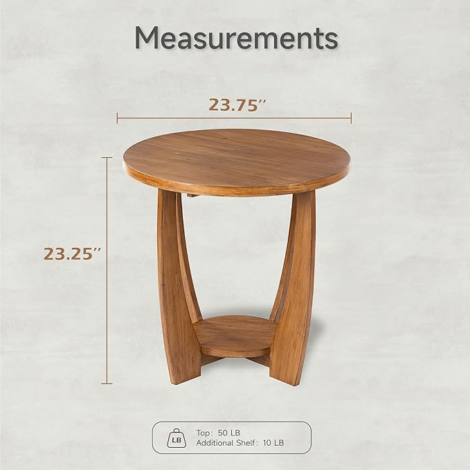 Rustic Farmhouse End Table with Storage Shelf, French Country Accent Side for Family, Dinning or Living Room, Small Spaces, Modern, Round, Vintage Caramel Brown Finish-Ruum Studio Home