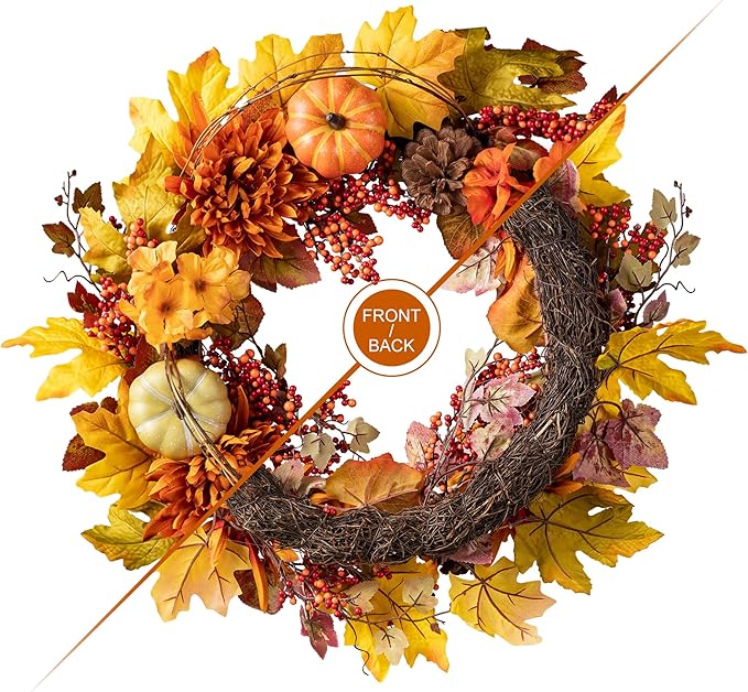 Glitzhome 24 inch Artificial Fall Wreath Decor, Autumn Maple Leaf Wreath for Front Door with Dahlia Pumpkin, Leaf and Berry Wreaths for Autumn Harvest Thanksgiving Halloween Decor-Ruum Studio Home