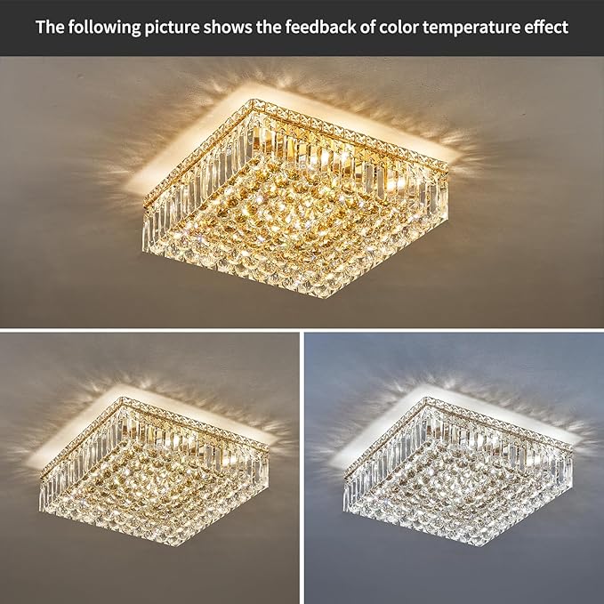 12-Lights Gold Crystal Flush Mount Ceiling Light Fixtures,Elegant Crystal Chandelier Pendant Ceiling Lamp for Bedroom,Living Room,Dining Room,Hallway H5.9 x W20 x L20 (Bulb Not Included) Square-Ruum Studio Home