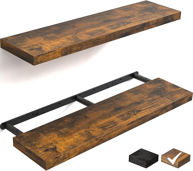 BAYKA Floating Shelves for Wall, 36 inches Long Wall Mounted Rustic Wood Shelves for Bathroom, Bedroom, Living Room, Kitchen, Office, Hanging Shelf for Books/Storage/Decor(Brown,Set of 2)-Ruum Studio Home