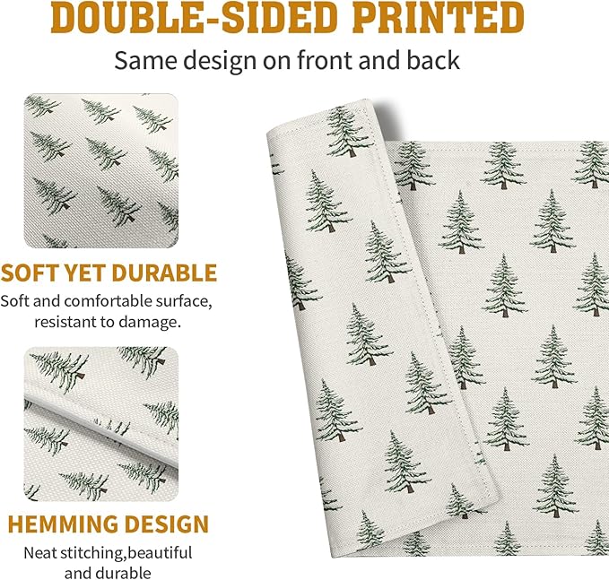 Pine Trees Christmas Placemats Set of 4 Xmas Tree Vintage Rustic Print Place Mats Winter Holiday Green White Farmhouse Linen Table Mats for Indoor Outdoor Kitchen Dining Party Decor-Ruum Studio Home