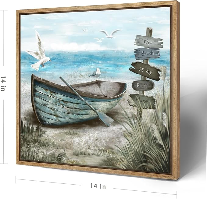 Framed Wall Art Beach Décor Ocean Canvas Picture Coastal Artwork Sea Bird Boat Blue Tan Small Rustic Beachy Canvas Print for Bathroom Bedroom Living Room-Ruum Studio Home