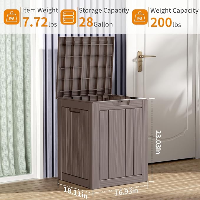 28 Gallon Resin Deck Box, Lockable Patio Outdoor Storage Box for Furniture, Garden Tools and Tools Storage, Waterproof Outside Storage Boxes - Grey-Ruum Studio Home