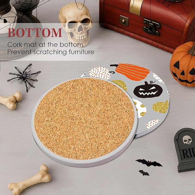 Coaster for Drinks Set of 6, Happy Halloween Trick or Treat Pumpkin Absorbent Round Ceramic Stone Mat, with Cork Base and Metal Holder, Gift for Housewarming Room Bar Decor-Ruum Studio Home