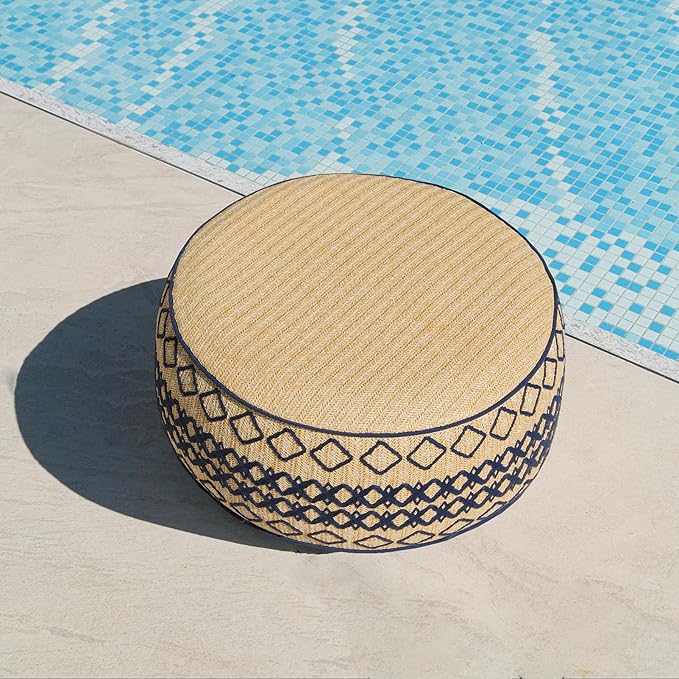 Outdoor Inflatable Ottoman with Air Pump, Embroidery Patio Footrest Stool D21”x H9”, Round Pouf Ottoman with Portable Handle Suitable for Garden, Camping, Bedroom, Living Room-Ruum Studio Home