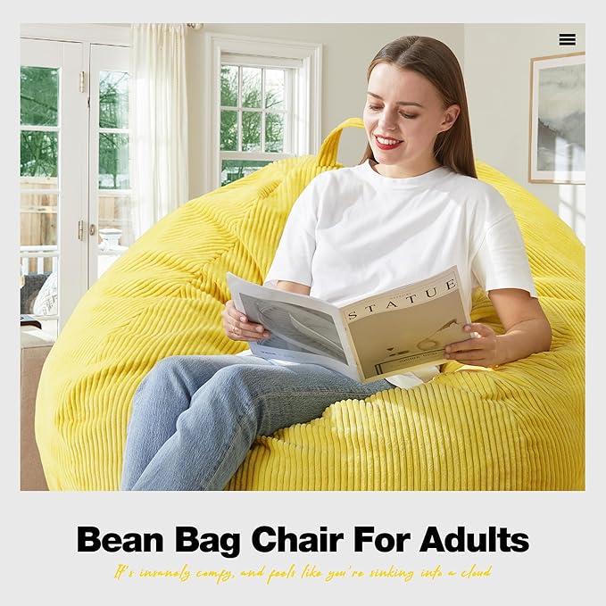 Hobestluk 4.5FT Bean Bag Chair Giant Bean Bag Chair with Filler Included Adult Bean Bag Chairs with Removable Cover for Bedroom Living Room - (Jumbo, Yellow)-Ruum Studio Home