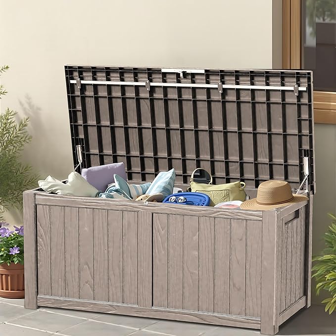 120 Outdoor Storage Box, Waterproof Resin Deck Box for Indoor & Outdoor Use, Lockable Storage Bench with Piston Hinge, Storage Bin for Patio Cushions, Garden Tools, Package Delivery, Grey-Ruum Studio Home