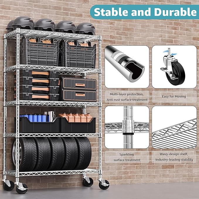 5-Shelf Storage Shelves,Wire Shelving Heavy Duty Metal Storage Shelving Unit Adjustable Garage Shelving Rack Pantry Kitchen (Chrome, 5 Tier,17.7" D x 47.2" W x 76.7" H)-Ruum Studio Home