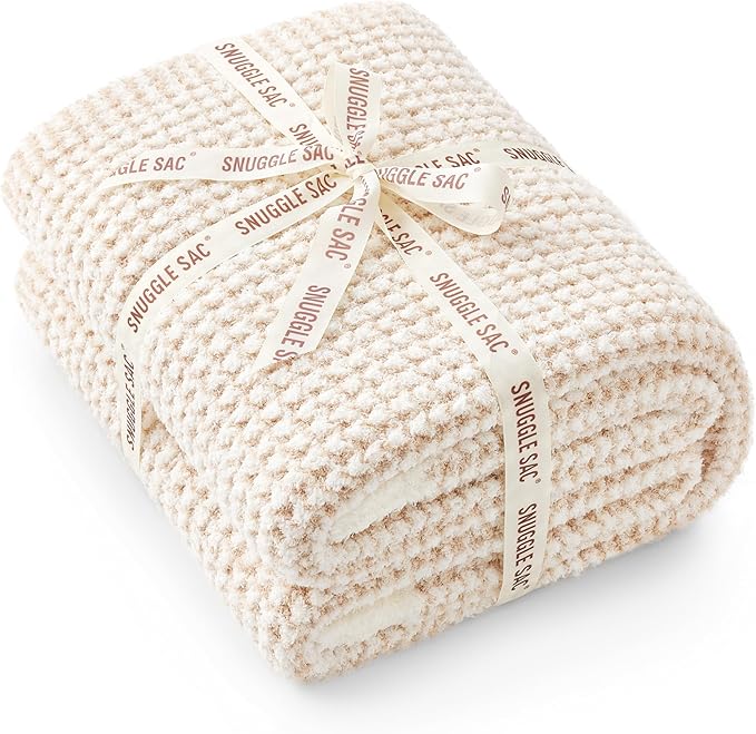 Snuggle Sac Cream Waffle Throw Blanket for Couch Bed Sofa 50x60 inches, Reversible Beige Blanket Microfiber Fluffy Fuzzy Cozy Knit Soft Throws for Women Mothers Birthday Gifts-Ruum Studio Home