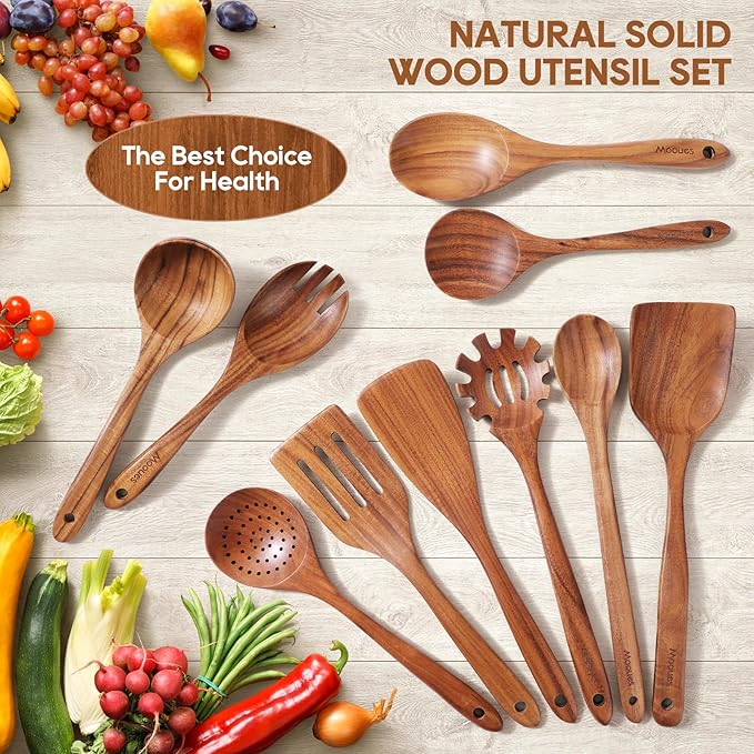 Wooden Spoons for Cooking, 10PCS Teak Wood Cookware Utensil Set with Hooks - Smooth Finish, Non-Stick, Comfortable Grip, Heat Resistant Kitchen Utensils-Ruum Studio Home
