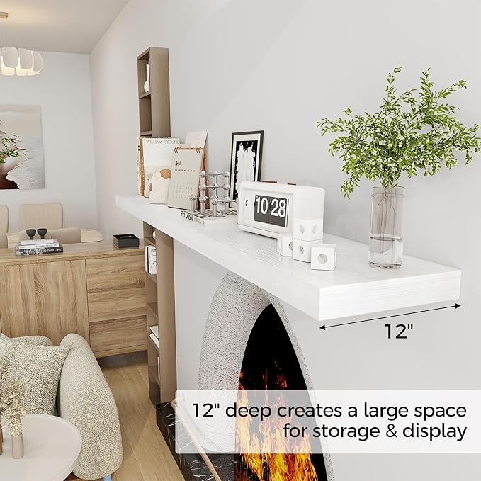 Fun Memories 72 Inch Floating Shelf, 12 Inch Deep Wall Shelf for Fireplace Mantel, Deep Storage Shelves for Home & Office, Wall Shelves with Invisible Bracket, White, Set of 1-Ruum Studio Home