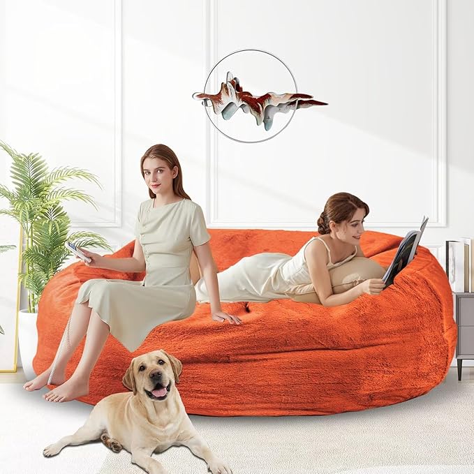 Bean Bag Chair for Adults 6FT,Soft Removable Cover for Teens/Girls Bedroom,Fluffy Giant Round Floor Beanbag Lounger Chairs (No Filler,Orange)-Ruum Studio Home