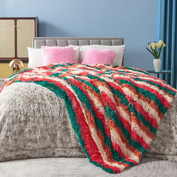 GONAAP Fuzzy Faux Fur Throw Blanket Stripe Red Brown Super Soft Cozy Plush Fuzzy Shaggy Blanket for Couch Sofa Bed (Stripe Red Brown, Throw(50"x60"))-Ruum Studio Home