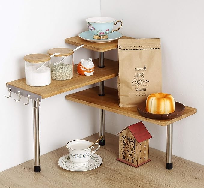 HYNAWIN Corner Shelf, 3 Tier Bamboo & Metal Storage Spice Rack-Desk, Space Saving Bookshelf with Hooks, Adjustable Display Shelf for Creative Home Décor Kitchen, Bedroom, Office (21CO)-Ruum Studio Home