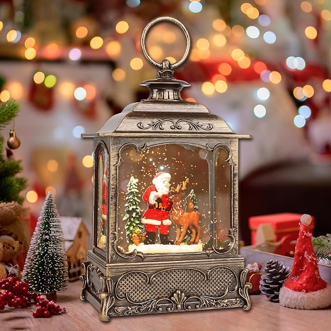 Christmas Snow Globes,Christmas Decorations for Home,with 6 Hour Timer,Musical Snow Globe,Battery Or USB Powered,Christmas Lantern,Christmas Festival Decor, Santas Reindeer-Ruum Studio Home