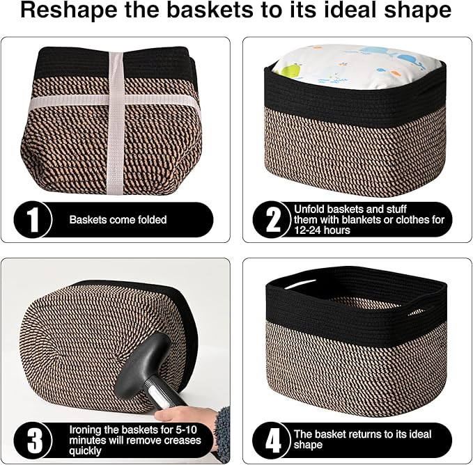 Storage Baskets for Shelves Organizing, Woven Cotton Rope Baskets for Storage, Book Basket, Decorative Shelf Basket, 12.5"Lx9.1''Wx7.9''H (4 Packs) Black & Jute-Ruum Studio Home