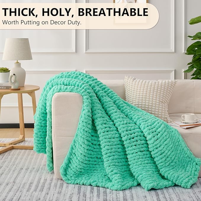 L'AGRATY Chunky Knit Blanket Throw: 60''x80'' Chenille Chunky Knitted Throw Blanket for Bed Couch - Handmade Thick Big Cable Knit Blanket - Large Crochet Rope Blanket for Home Decor(Aqua)-Ruum Studio Home