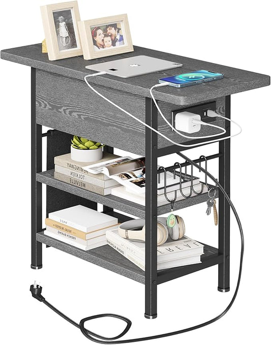 End Table with Charging Station, Flip Top Nightstand with USB Ports and Outlets,Couch Side Table with Fabric Bag and Hooks, Bedside Table for Space Saving, Living Room, Bedroom (Grey)-Ruum Studio Home