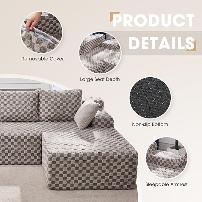 Hobestluk 96“ Modular Sectional Sofa Couches L-Shape Couch 3 Seat Modular Sofa Memory Foam Sectional Couches for Living Room, Cloud Couch with Oversized Chaise (Grey, Checked (Right Facing Chaise))-Ruum Studio Home