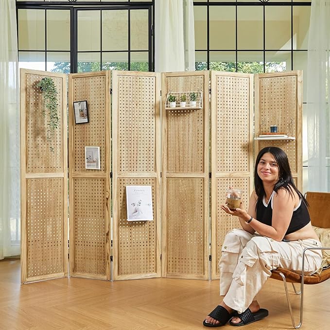 ‌Room Divider Freestanding Folding Pegboard Privacy Screen | 6-Panel Display Stand for Jewelry, Craft Shows, Retail | Natural Wood, Portable & Space-Saving Design-Ruum Studio Home